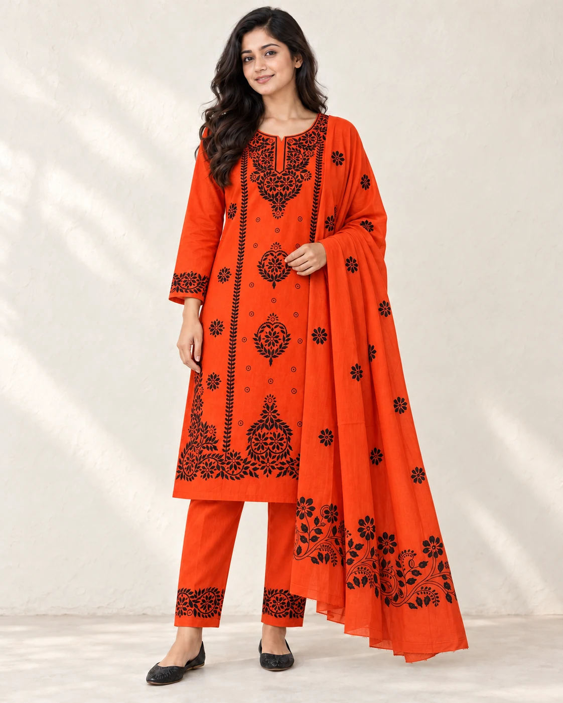 Orange Cotton Voile Three-piece — Styling illustration — sold unstitched