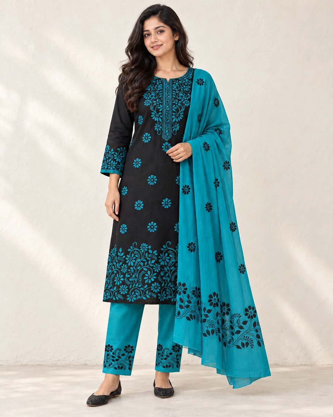 Black and Turquoise Cotton Voile Three-piece — Styling illustration — sold unstitched