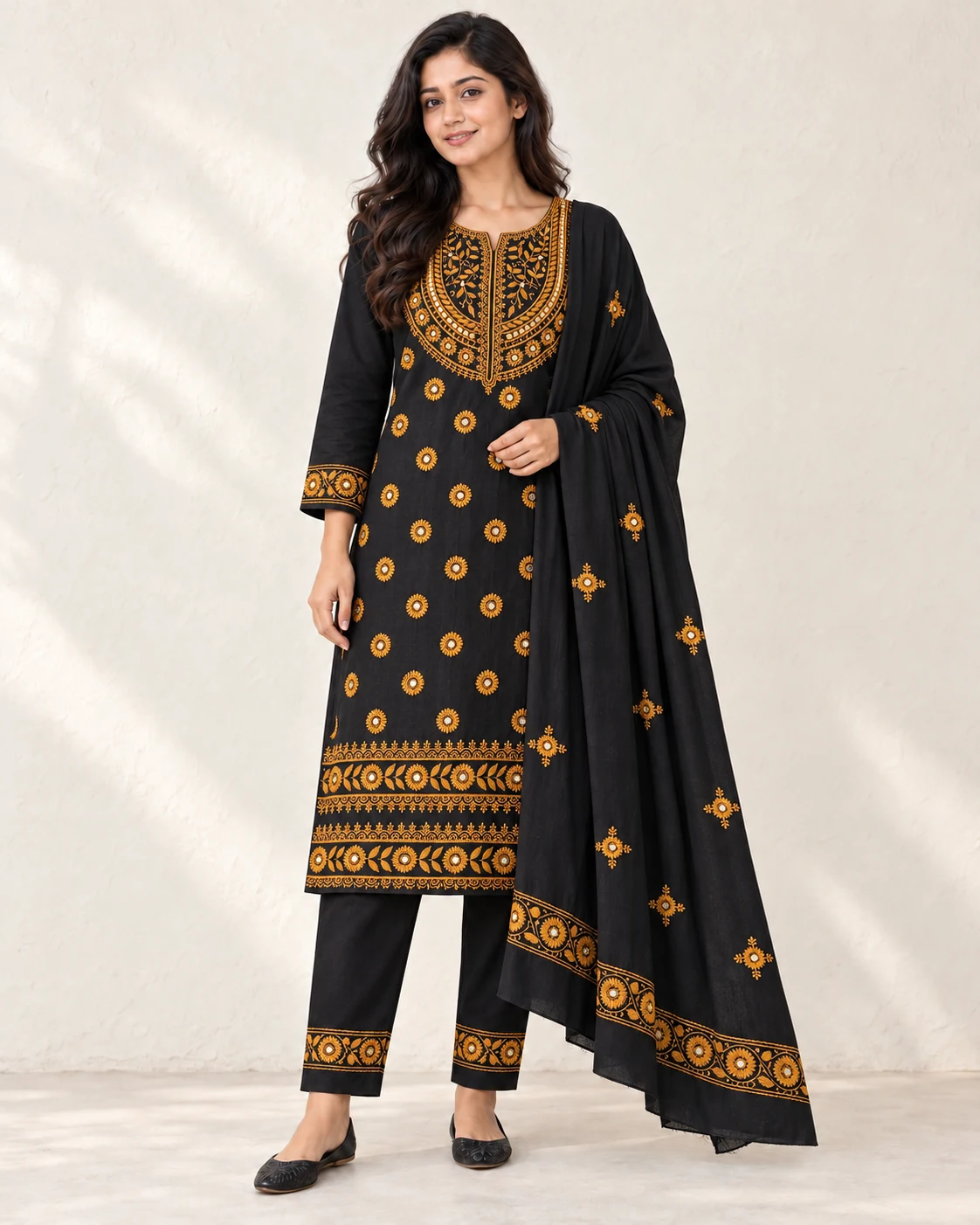 Black floral Cotton Voile Three-piece — Styling illustration — sold unstitched