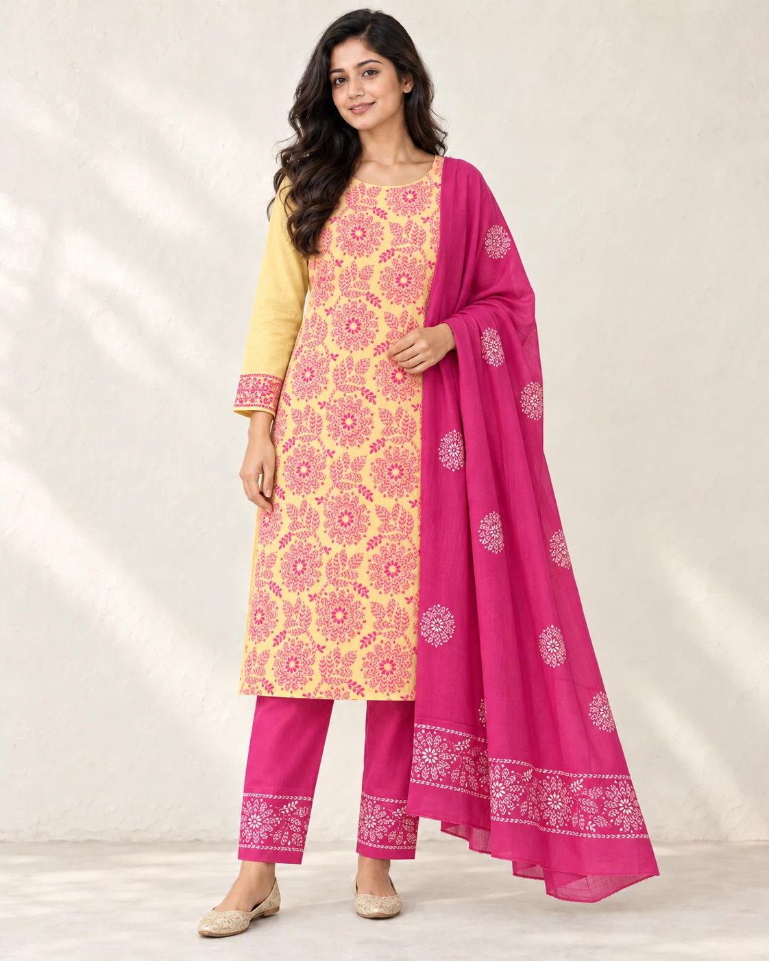 Kusum yellow Cotton Voile Three-piece — Styling illustration — sold unstitched