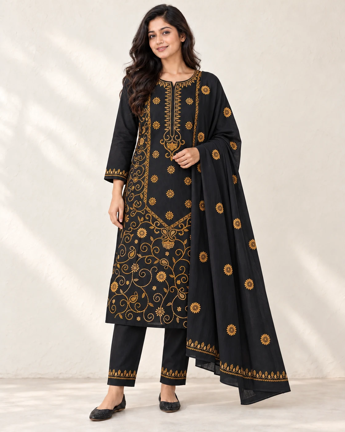 Pakistani-inspired black Cotton Voile Three-piece — Styling illustration — sold unstitched