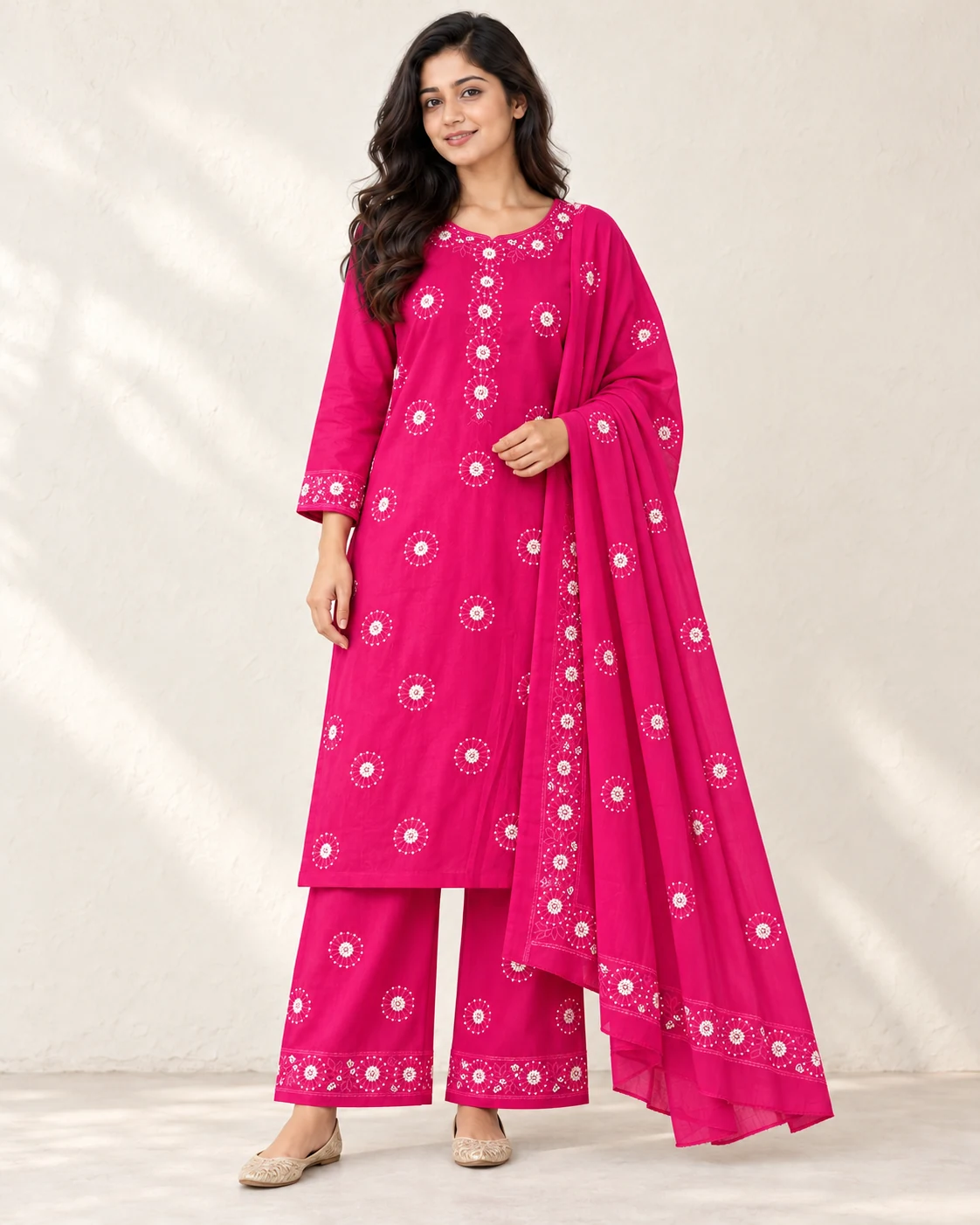 Pink palazzo Cotton Voile Three-piece — Styling illustration — sold unstitched