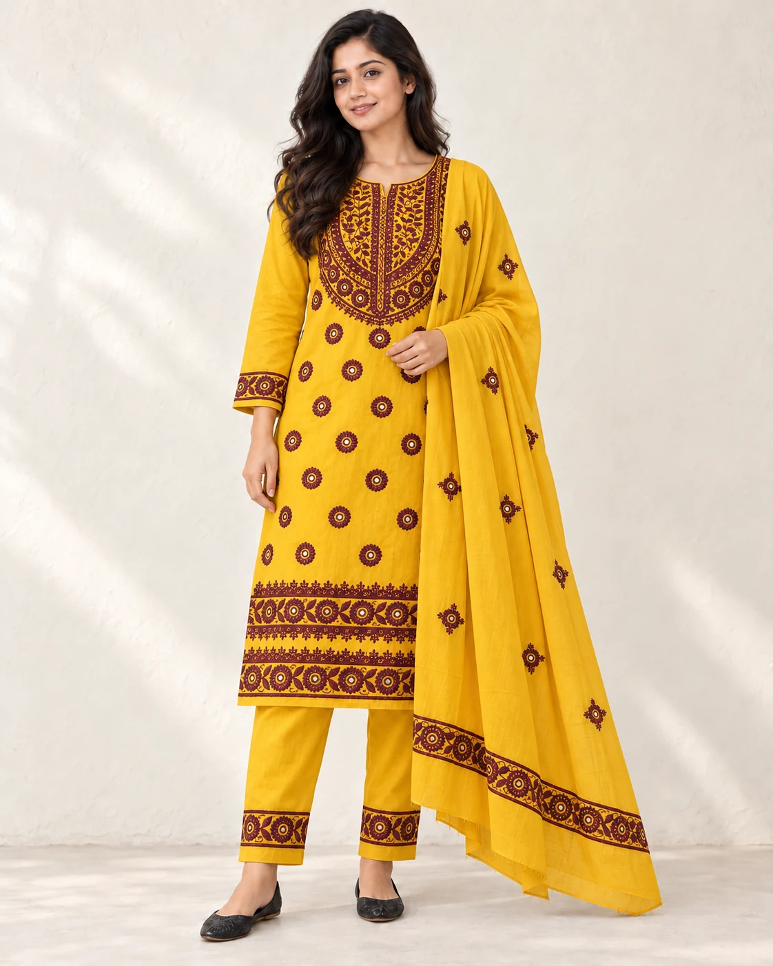 Basanti yellow Cotton Voile Three-piece — Styling illustration — sold unstitched