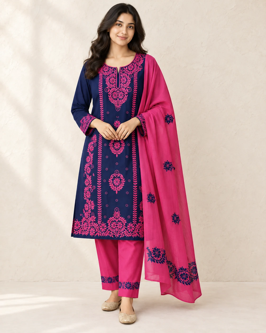 Blue and coral pink Cotton Voile Three-piece — Styling illustration — sold unstitched